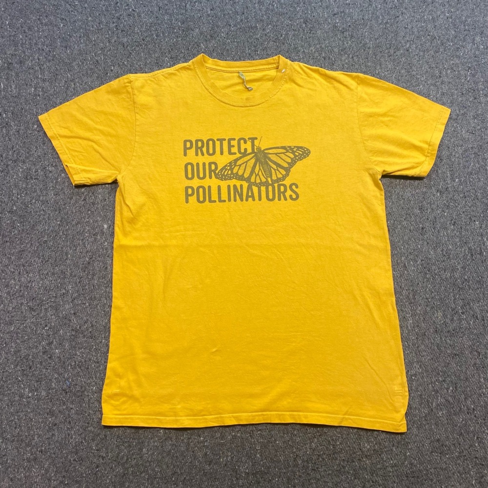 Conscious Protect Our Pollinators TShirt Sz L Mens Yellow Boho Butterfly Graphic